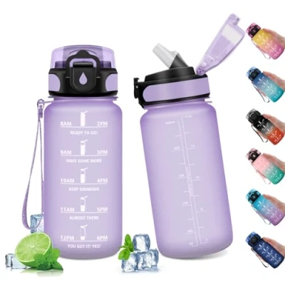 Abbildung von Wasserflasche 500ml, Trinkflasche Auslaufsicher, Sport mit Zeitmarkierung, Strohhalm, Kohlensäure Geeignet, Sportflasche für Fitnessstudio, Oudoor, Schule, Sprudel