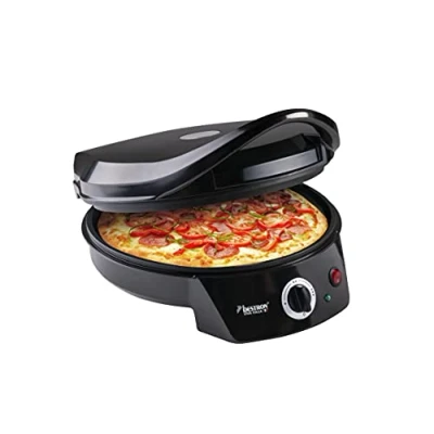 Abbildung von Bestron elektrischer Pizzaofen, Pizza Maker bis 230C, mit Ober /Unterhitze, für selbstgemachte oder Tiefkühl Pizza, Flammkuchen, Quiche Wraps Ø 27cm, 1800 Watt, Farbe: Schwarz