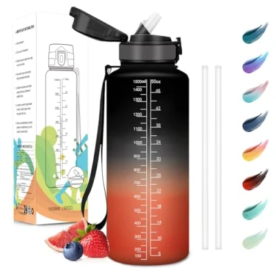 Abbildung von Motswedi Trinkflasche, 1.5L BPA Frei, Trinkflasche mit Strohhalm, Kohlensäure Geeignet,Trinkflasche Sport, Auslaufsicher, Wasserflasche, Sport für Yoga, Schule, Outdoors, Schwarz und Rot
