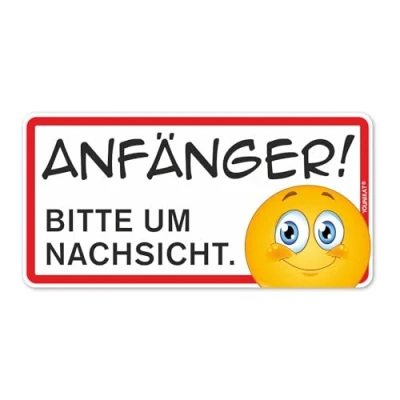 Abbildung von Fahrzeug Aufkleber Anfänger! Bitte um Nachsicht I 20 x 10 cm Vorsicht Achtung Fahranfänger Autoaufkleber wetterfest mit Smiley kfz_315
