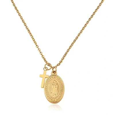 Abbildung von GD GOOD.designs Maria Kette in Gold für Damen Wasserfest Madonna Halskette mit kleinem Kreuz Anhänger aus Edelstahl I Größenverstellbar 40+5cm