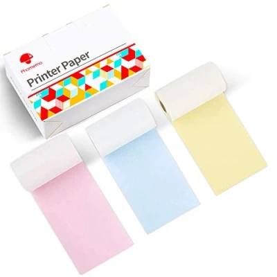 Abbildung von Phomemo Drucker Papier M02/M02Pro/M02S/M03/M03AS/M04S/M04AS Mini Papier, Gelb/Blau/Rosa Portable Pinter mit 53mm x 6.5m 3 Rollen