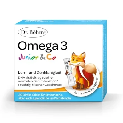 Abbildung von Dr. Böhm Omega 3 Junior Direkt Sticks: Zur Unterstützung des Gehirns &amp; Immunsystems, mit 3, Vitamin C und D, für Kinder Erwachsene, 30 Sticks