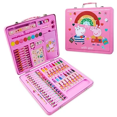 Abbildung von Peppa Pig Malkoffer, Malset für Kinder, Malkasten Bastelset Mädchen Bastelkoffer mit Buntstifte Set Farben Painting Farbstifte Spielzeug Geschenke (Rosa)