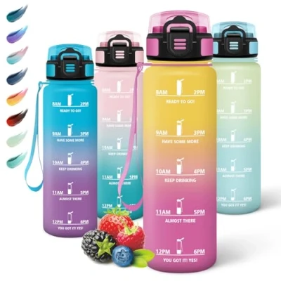 Abbildung von Motswedi Trinkflasche mit Strohhalm, 1L BPA Frei, Sport, Auslaufsicher, Wasserflasche, Kohlensäure Geeignet, Trinkflaschen, Flasche für Yoga, Schule, Outdoors, Gelb Rosa