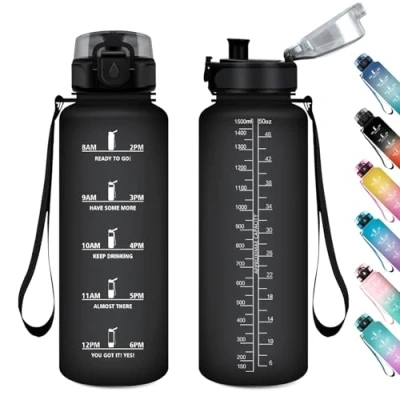 Abbildung von Trinkflasche Sport 1.5L, Wasserflasche Auslaufsicher mit Zeitmarkierung, Filter, Trinkflaschen Kohlensäure Geeignet, Sportflasche für Fitness, Gym, Schule, Outdoor, Yoga