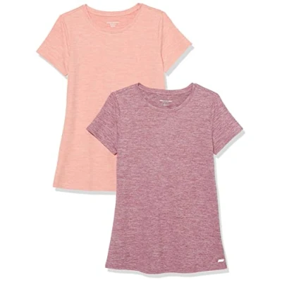 Abbildung von Amazon Essentials Damen Kurzärmliges Tech Stretch T Shirt mit Rundhalsausschnitt (in Übergröße erhältlich), 2er Pack, Lachsrosa Space dye/Pflaume dye, L