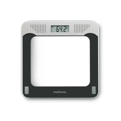 Abbildung von medisana PS 425 Sprechende Personenwaage, Präzise digitale Waage aus Glas, 4 Sprachen, Integrierte Abschaltautomatik, Schwarz / Grau, bis 180 kg