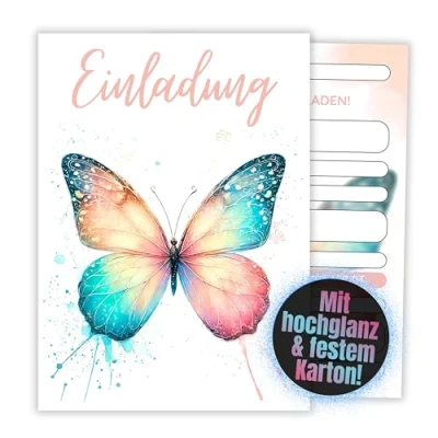 Abbildung von HIDEBLOOM Schmetterling Einladungskarten Kindergeburtstag Mädchen I 12 Stück DIN A6 (10,5 cm x 14,8 cm) Geburtstag Kinderparty Geburtstagseinladungen
