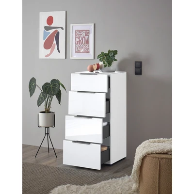 Abbildung von Stella Trading Kommode SANTORIN weiß mit Glasfront, Schrank Korpus in Oberboden Glas und Schubladen für Ihren Wohnbereich 45 x 99 40 cm (B/H/T)