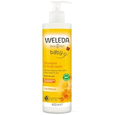 Abbildung von WELEDA Bio Calendula Baby XL Waschlotion &amp; Shampoo vegan Naturkosmetik Duschgel zur Hautpflege / Haarpflege bei Neugeborenen. Babypflege Dusche für empfindliche Haut, mild zu den Augen (1x 400ml)