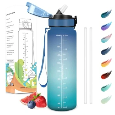 Abbildung von Motswedi Trinkflasche, 1L BPA Frei, Trinkflasche mit Strohhalm, Kohlensäure Geeignet,Trinkflasche Sport, Auslaufsicher, Wasserflasche, Sport für Yoga, Gym, Schule, Outdoors, Blaugrün