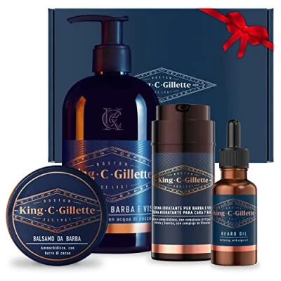 Abbildung von King C. Gillette Komplettes Geschenk Set, Gesichtsreiniger für Herren, Bartbalsam, Öl und Feuchtigkeitscreme Bart Gesicht, blau, Geschenkidee