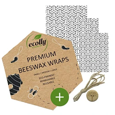 Abbildung von ecolly Bienenwachstücher 3er Set (S, M, L), Bienenwachspapier, Beeswax Wrap, Plastikfrei &amp; wiederverwendbar, OHNE Jojobaöl, inklusive Knopf Baumwollfaden Shoji Kumiko