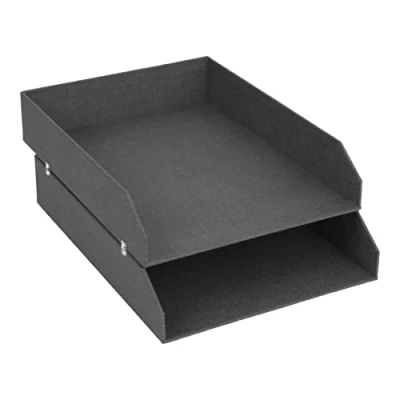 Abbildung von Bigso Box of Sweden Hakan 2er Set Briefablage für den Schreibtisch stapelbare Ablagefächer Briefe, Dokumente usw, Ordnungssystem aus Faserplatte mit Papier in Leinenoptik schwarz