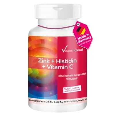 Abbildung von Zink + Histidin Vitamin C 180 Kapseln hochdosiert vegan für das Immunsystem Vitamintrend®