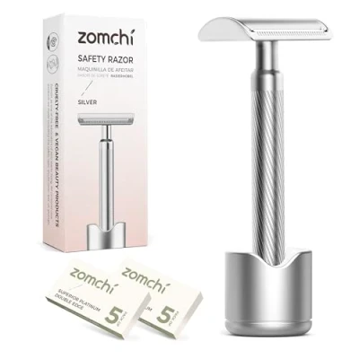 Abbildung von Klassischer Rasierer für Männer und Frauen, Rasierhobel mit 10 Klingen, zweischneidiger Rasierhobel, plastikfrei (Stand Style Silver Razor)