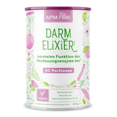 Abbildung von Darm Elixier 2.0 450g Daily Gut Pulver Darmkur mit Ballaststoffe &amp; zur Unterstützung der Darmflora Aufbau Flohsamenschalen Inulin Darmgesundheit Ohne Aromen Alpha Foods