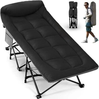 Abbildung von OVERMONT Klappbar Feldbett mit Matratze Faltbar Campingbett 190 x 70 40 cm bis 250kg Belastbar Oxfordgewebe Seitentasche Tragetasche für Camping Garten Büro Schwarz