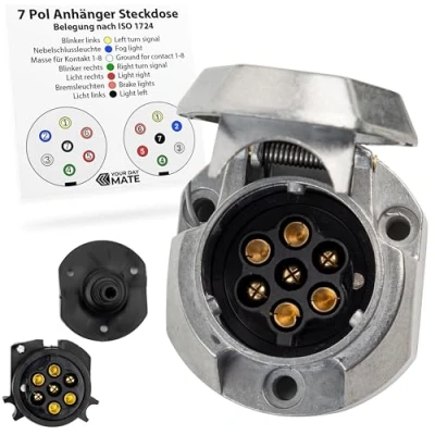 Abbildung von 7 pol Anhänger Steckdose, mit Aluminium Guss Gehäuse, inkl. Abschaltautomatik, nach ISO 1724 genormt, für 12 V Systeme, Feder Klappdeckel, polige Anhängerdose, polig Dose