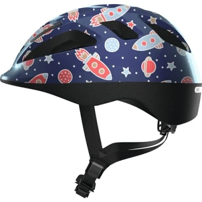 Abbildung von ABUS Kinderhelm Smooty 2.0 Robuster Fahrradhelm für Kleinkinder im Beifahrersitz Mädchen und Jungen Blau mit Raktenmuster, Größe S