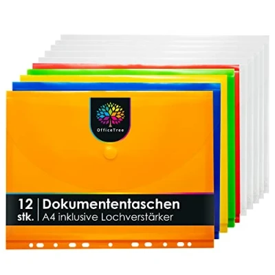 Abbildung von OfficeTree 12 x Dokumententasche A4 Bunt mit 240 Lochverstärker 5 Bunte 7 Transparente Klarsichthüllen Klettverschluss und Abheftrand