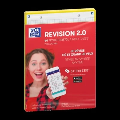 Abbildung von OXFORD Revision 2.0 Karteikarten, gelocht, Format A5 (14,8 x 21 cm), kleine Karos, Vorder / Rückseite, gelber Rahmen, 50 Stück