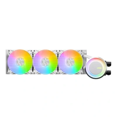 Abbildung von MSI MAG CORELIQUID E360 white AIO CPU Wasserkühlung Vergrößerte Kupferkühlplatte, ARGB Blockhead, Zweikammer Wasserblock, Split Flow Radiator, Mystic Light AMD &amp; Intel Kompatibel