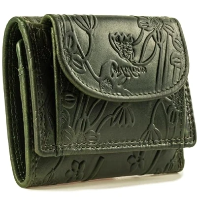 Abbildung von MATADOR Mini Geldtasche Echt Leder Herren Portemonnaie Klein Damen Blumen Muster Grün Geldbörse TüV Geprüfter RFID Schutz kartenhalter inkl Geschenk Box