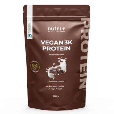 Abbildung von Nutri + Vegan Protein Schokolade 1 kg Low Sugar Eiweißshake Chocolate Powder Veganes Eiweißpulver Schoko 1000 g Eiweiß Proteinpulver glutenfrei