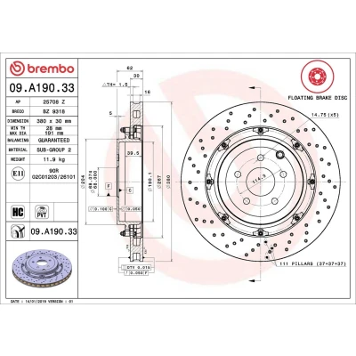 Abbildung von BREMBO 09.A190.33 Bremsscheibe 380 30 5 gelocht/innenbel., Verbundbremsscheibe beschichtet hochgekohlt