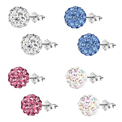 Abbildung von Damen Ohrringe Silber 925 4 Paare Ohrstecker mit Kristall Strass Kugel 8mm Stecker Set in Farben für Mädchen