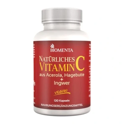 Abbildung von BIOMENTA Natürliches Vitamin C 120 natürliche Kapseln hochdosiert (238% NRV/Tagesverzehr) aus Acerola, Hagebutte, Ingwer vegan Premiumqualität