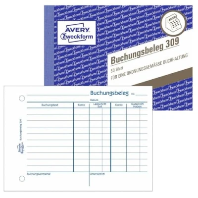Abbildung von AVERY Zweckform 309 Buchungsbeleg (A6quer, mikroperforiert, von Rechtsexperten geprüft, für Deutschland zur lückenlosen Buchhaltung, mit T Konto, Buchungstext inkl. Unterschriftenzeile, 50Blatt) weiß