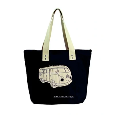 Abbildung von BRISA VW Collection Volkswagen Wiederverwendbare Canvas Einkaufs Tüte Strand Tasche mit T1 Bulli Bus Motiv (Silhouette/Schwarz)