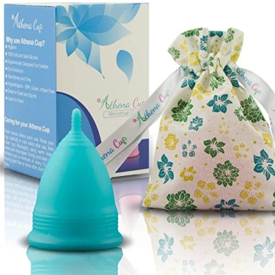 Abbildung von Menstruationstasse Größe 1 (klein) für leichte Blutung 12 Stunden Schutz wiederverwendbarer Menstruationsbecher Menstruations Cup (Modell 1, blau) von ATHENA