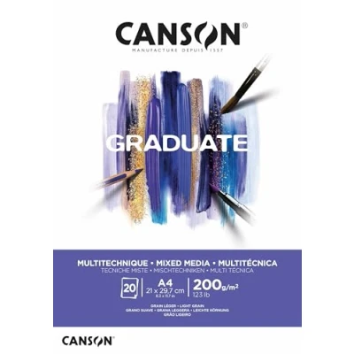 Abbildung von CANSON Graduate, Mixed Media Papier, leichte Körnung, 200 g/m², an der kurzen Seite geleimter Block, DIN A4 21 x 29,7 cm, Hellweiß, 20 Blatt