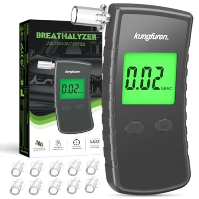 Abbildung von kungfuren Alkoholtester Polizeigenau Alkohol Tester Promillemessgerät: Promilletester Alkoholmessgerät mit 11 Mundstücke Professioneller Alkoholtest Digitaler Blauer Großem LCD Display Grau
