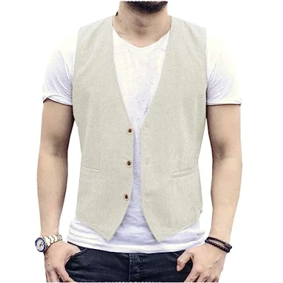 Abbildung von AeoTeokey Herren Sommer Leinenweste Anzug Weste Casual Regular Fit(Elfenbein,M)