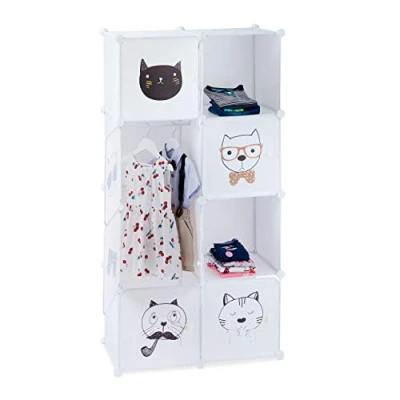Abbildung von Relaxdays Steckregal Kinderzimmer, Katzen Motiv, 7 Fächer, Kleiderstange, Kleiderschrank HxBxT: 145 x 74 36,5 cm, weiß