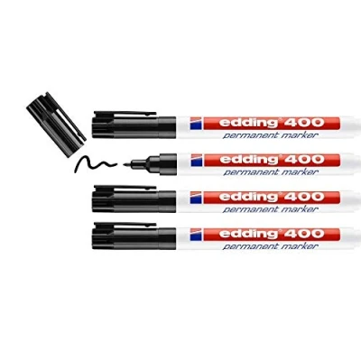 Abbildung von edding 400 Permanentmarker schwarz 4 Stifte feine Rundspitze 1 mm wasserfest, schnell trocknend wischfest für Karton, Kunststoff, Holz, Metall, Glas