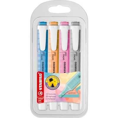 Abbildung von STABILO Textmarker swing cool Pastel 4er Pack Seidengrau, Frische Fuchsie, Himmlisches Blau, Sanftes Orange