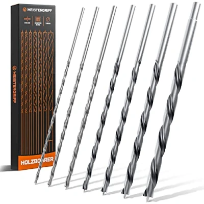 Abbildung von MEISTERGRIFF® Holzbohrer Set lang [7 Stück] Extra scharfe Bohrer Stabiles &amp; bruchfestes Schlangenbohrer Ø 4, 5, 6, 7, 8, 10, 12 mm