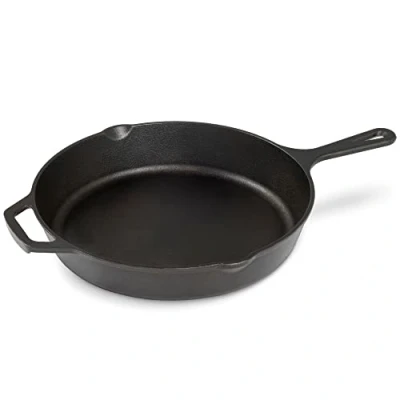 Abbildung von Navaris Gusseisenpfanne 30 cm groß Eingebrannte Feuerfeste Gusseisen Pfanne mit Doppelgriff Ölgießer für den Grill Gasgrill Ofen