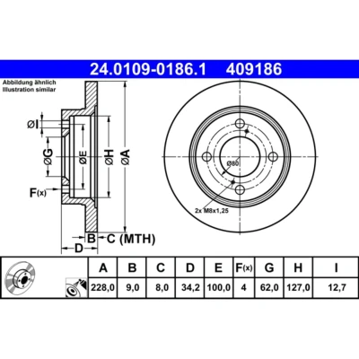 Abbildung von ATE 24.0109 0186.1 Bremsscheibe 228,0 9,0 4 100,0 voll beschichtet SUZUKI: SWIFT 5