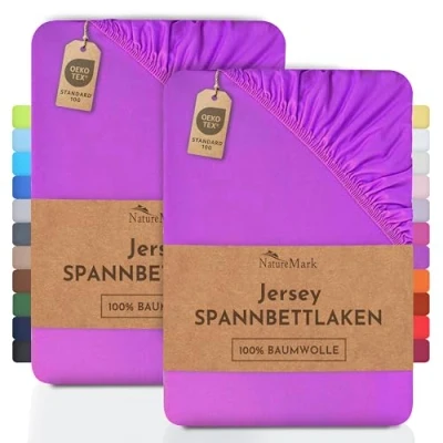 Abbildung von NatureMark 2er Pack Kinder Jersey Spannbettlaken, Spannbetttuch 100% Baumwolle in vielen Größen und Farben MARKENQUALITÄT ÖKOTEX Standard 100 70x140 cm lila