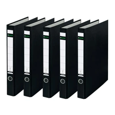 Abbildung von Leitz Plastik Ringordner ohne Schlitze A4, 5er Pack, Schwarz, 3,5 cm Rückenbreite, PP laminierter Einband, 10140095