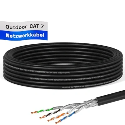Abbildung von HB DIGITAL 10m Cat 7 Verlegekabel Outdoor schwarz AWG23/1 PE S/FTP doppelt geschirmt PIMF Reines Kupfer 1000MHz 10Gbits Netzwerk Installation Ethernet Roh /Erdverlegung Datenkabel für Außenbereich