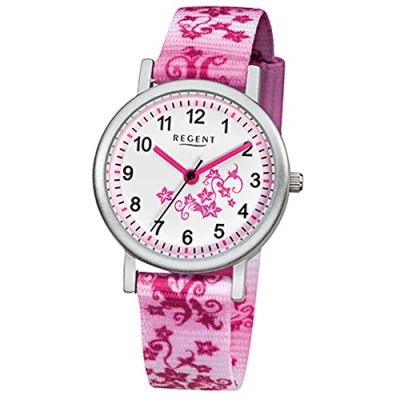 Abbildung von Regent Kinder Armbanduhr Elegant Analog Textil Armband rosa pink weiß Quarz Uhr Ziffernblatt URF727