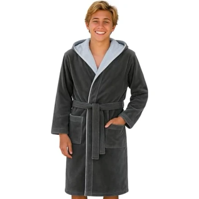 Abbildung von Morgenstern Bademantel Kinder &amp; Teenager I Kapuze 100% Baumwolle Velours Lang 13 14 Jahre 158 164 cm Grau/Hellgrau